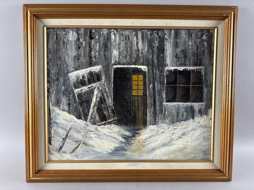 PAINTING OF A BARN IN WINTER 20th Century Oil on board, 16" x 20". Framed 21" x 25".: PAINTING OF A BARN IN WINTER20th CenturyInitialed lower right "B".Oil on board, 16" x 20". Framed 21" x 25".
