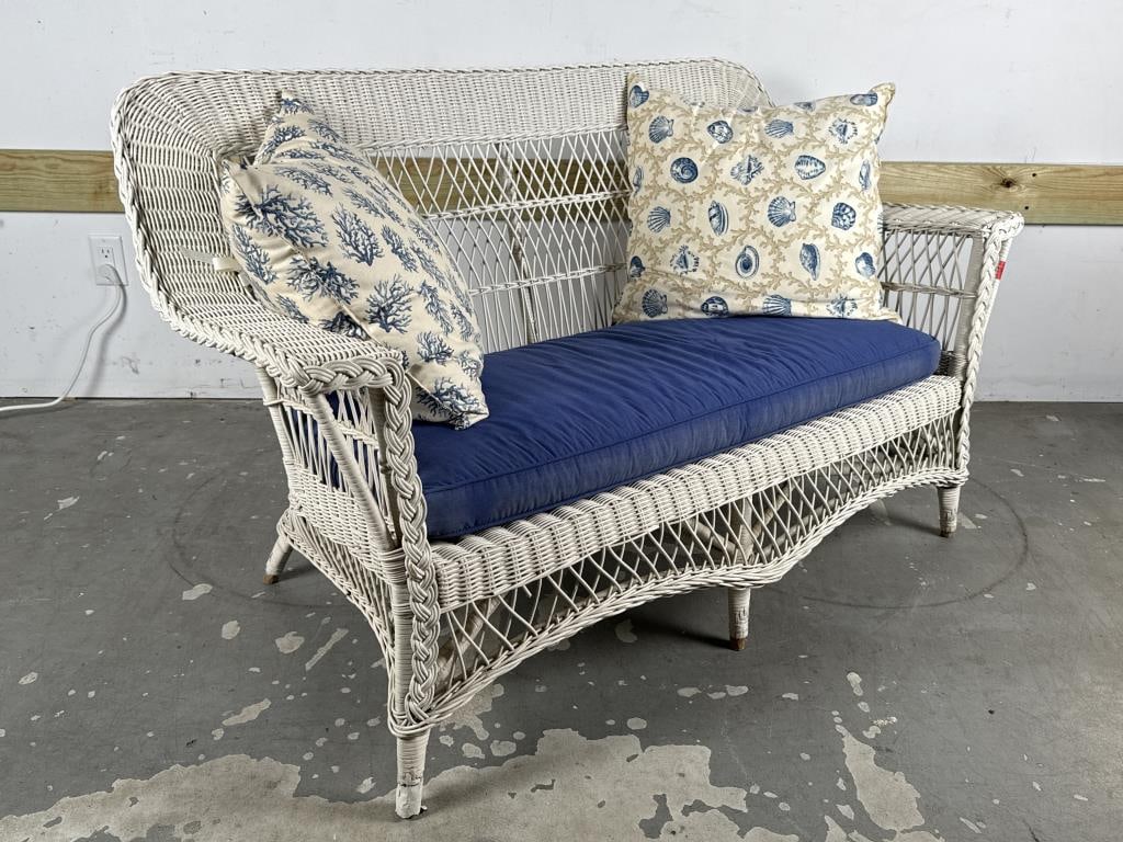 WICKER LOVESEAT First Half of the 20th Century Back height 32.5". Seat height 18". Width 54". (1 of 6)