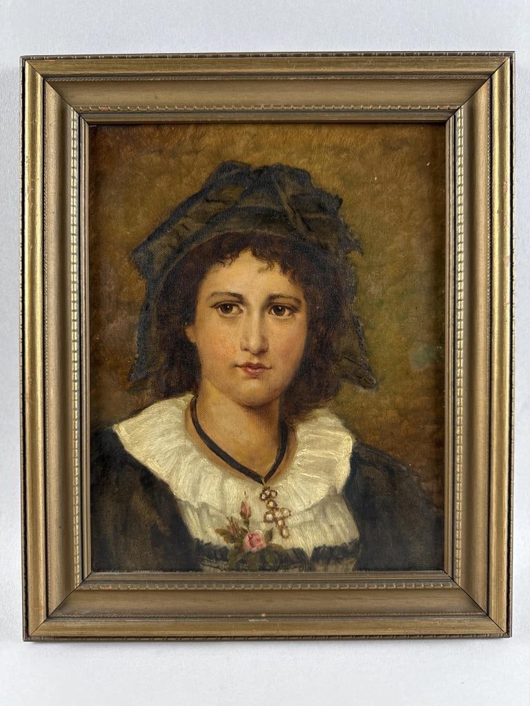 PORTRAIT OF A WOMAN 19th Century Oil on canvas, 10.5" x 8.25". Framed 13" x 11". (1 of 2)