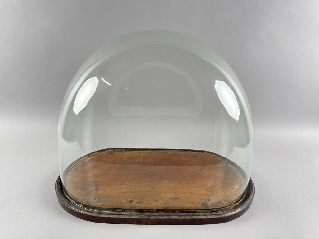 GLASS DISPLAY DOME ON WOODEN BASE Late 19th or Early 20th Century Height 15". Base 20.25" x 11.75". (1 of 2)