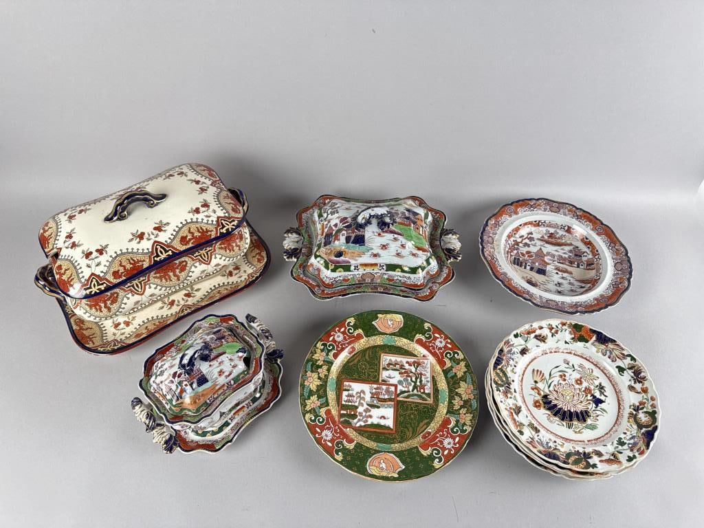 TEN PIECES OF IRONSTONE 19th Century: TEN PIECES OF IRONSTONE19th Century1) Covered vegetable dish.2) Covered tureen. Height 7". Length 15". 3-4) Small covered tureen with undertray.5-10) Six plates. Diameters from 8" to 10".