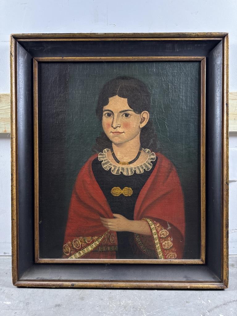 AMERICAN SCHOOL (20th Century,), Primitive-style portrait of a girl., Oil on canvas, 26" x 21". (1 of 2)
