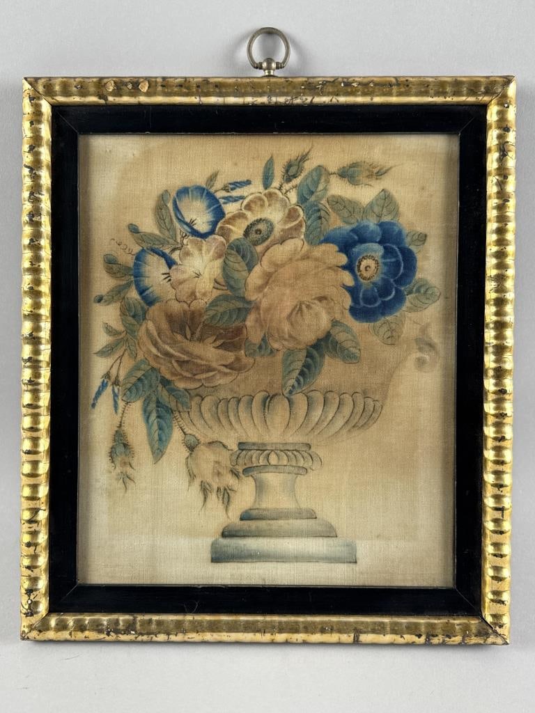 THEOREM PAINTING ON VELVET 19th Century 12" x 10" sight. Framed 15" x 13". (1 of 2)