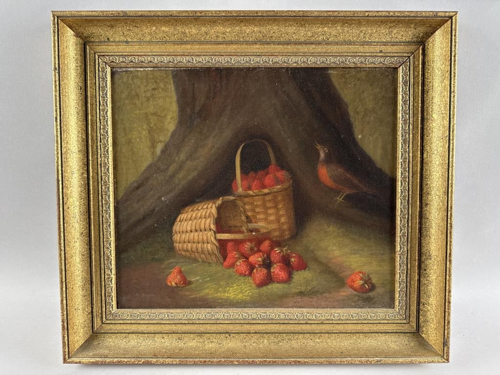 AMERICAN SCHOOL (Mid-19th Century,), Robin observes two baskets of strawberries at the base of a (1 of 3)