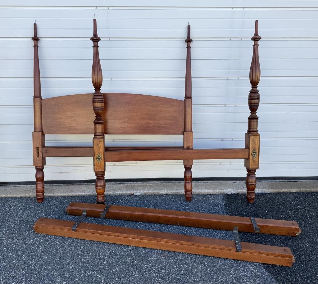 SHERATON MAHOGANY FOUR-POSTER BED 19th Century Total height 63". Headboard height 40". Width 56".: SHERATON MAHOGANY FOUR-POSTER BED19th CenturyWith fruitwood inlay.Total height 63". Headboard height 40". Width 56".