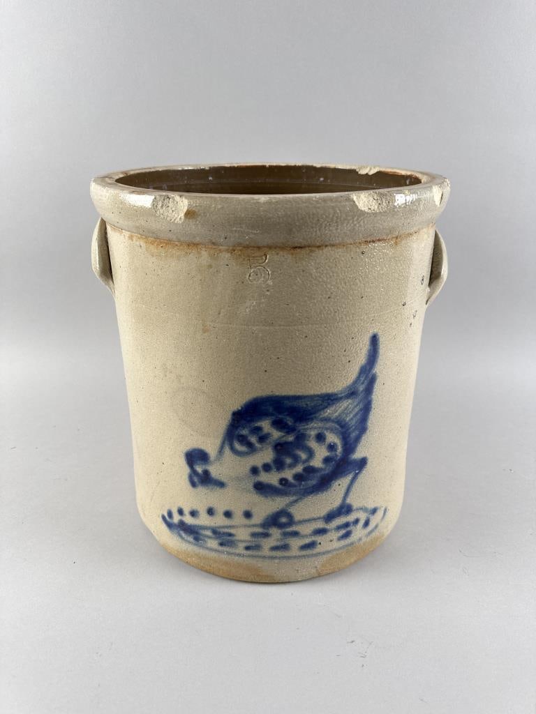 FIVE-GALLON STONEWARE CROCK WITH COBALT BLUE DECORATION OF A PECKING HEN Mid- to Late 19th Century (1 of 5)