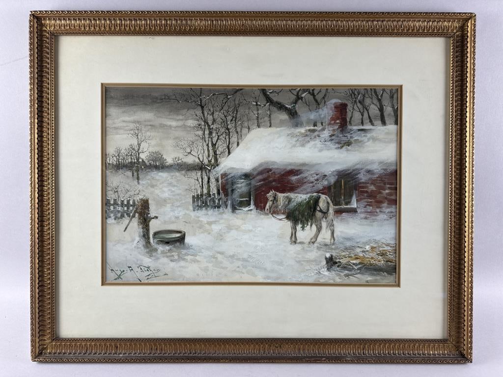 HUGH FISHER (America, d. 1966), Winter scene with horse., Watercolor and gouache, 13.5" x 20.5". (1 of 3)