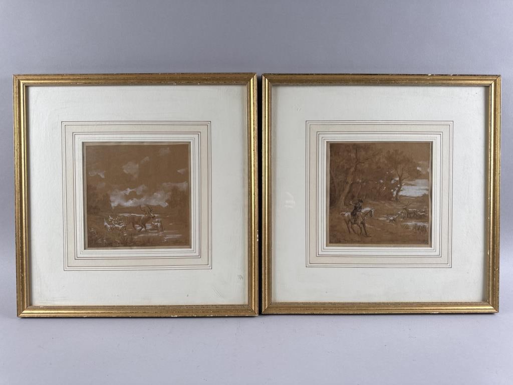 TWO WESTERN-THEMED SCENES Early 20th Century Mixed medias on paper mounted to card, 7" x 7". Framed (1 of 6)