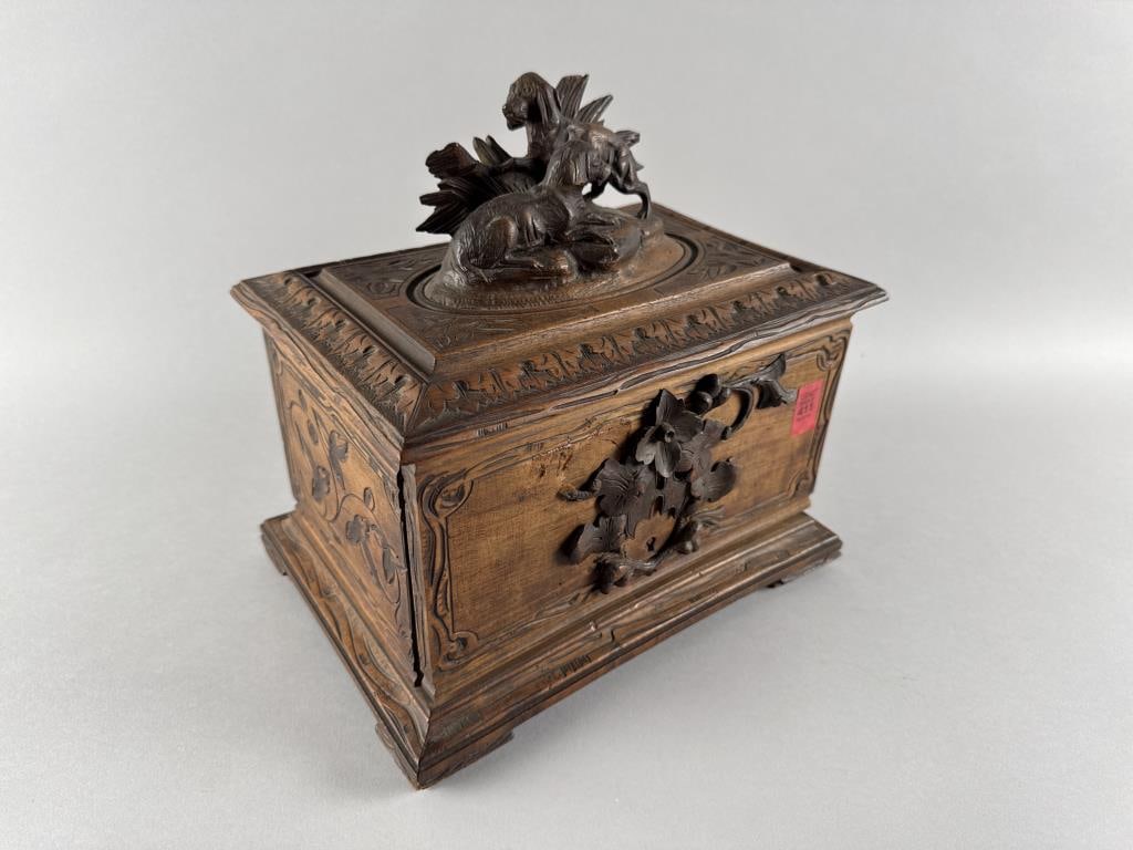 CONTINENTAL CARVED WALNUT CIGAR BOX 19th Century Height 11.25". Width 11.75". Depth 8.25". (1 of 7)