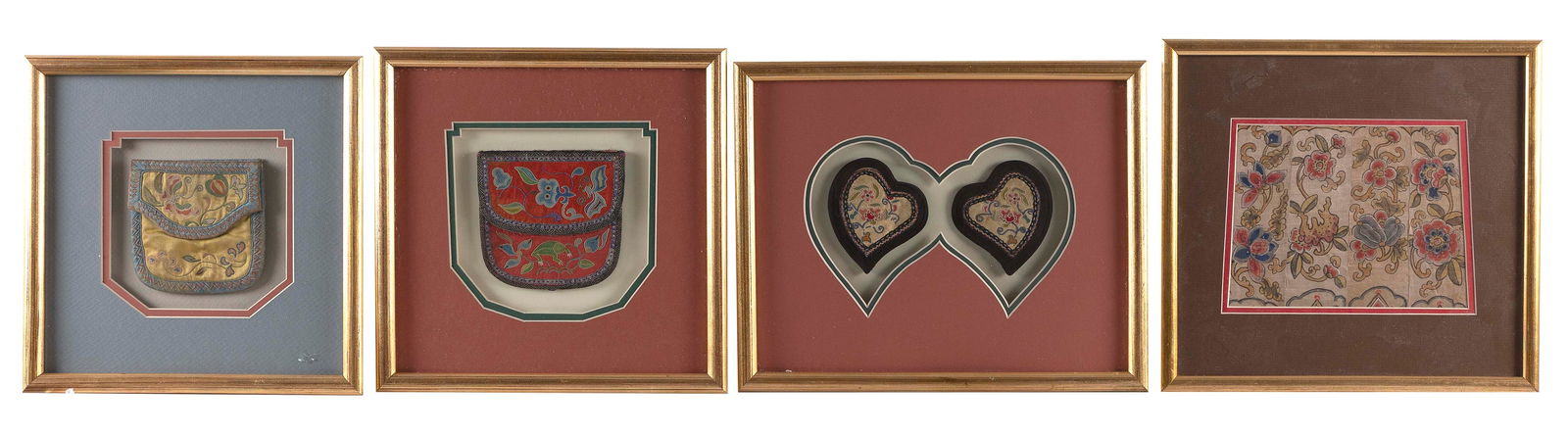 FOUR CHINESE TEXTILES, SOME FORBIDDEN STITCH NEEDLEWORK 19th/20th Century Framed to approx. 11" x (1 of 5)