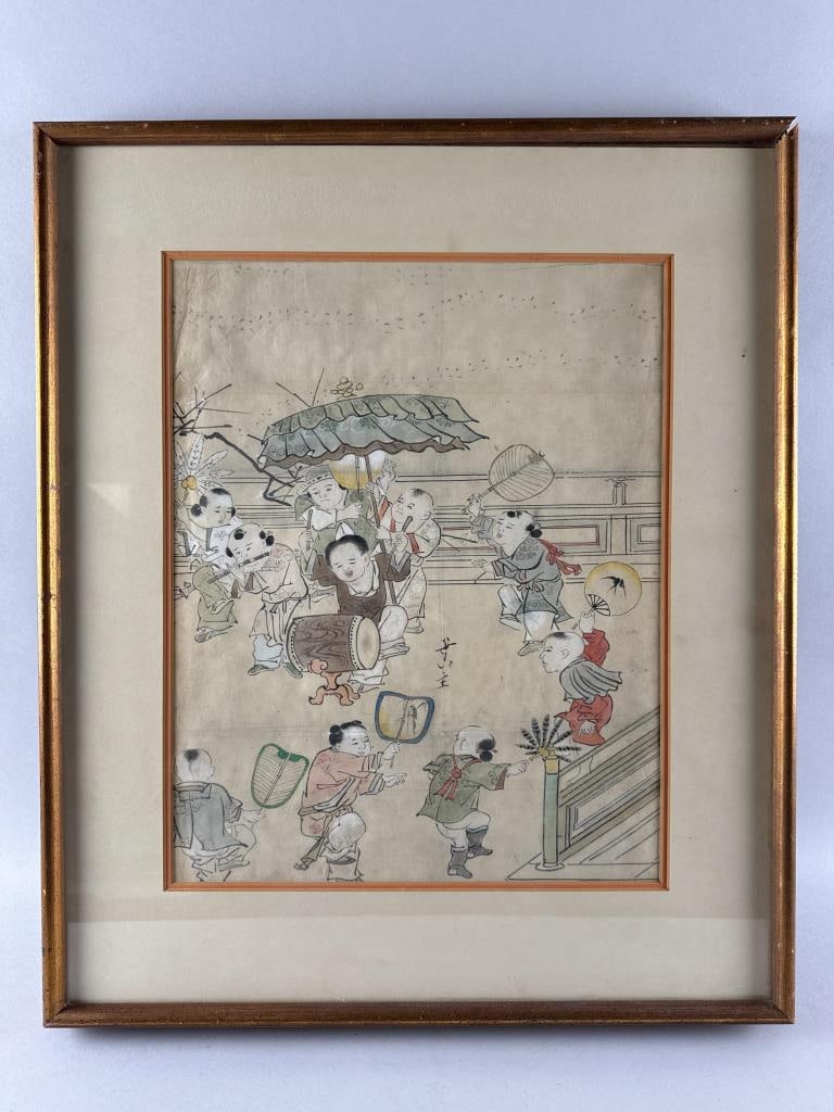 AMUSING CHINESE PRINT OF CHILDREN PLAYING 19th Century Print enhanced with watercolor, 18" x 14" (1 of 3)