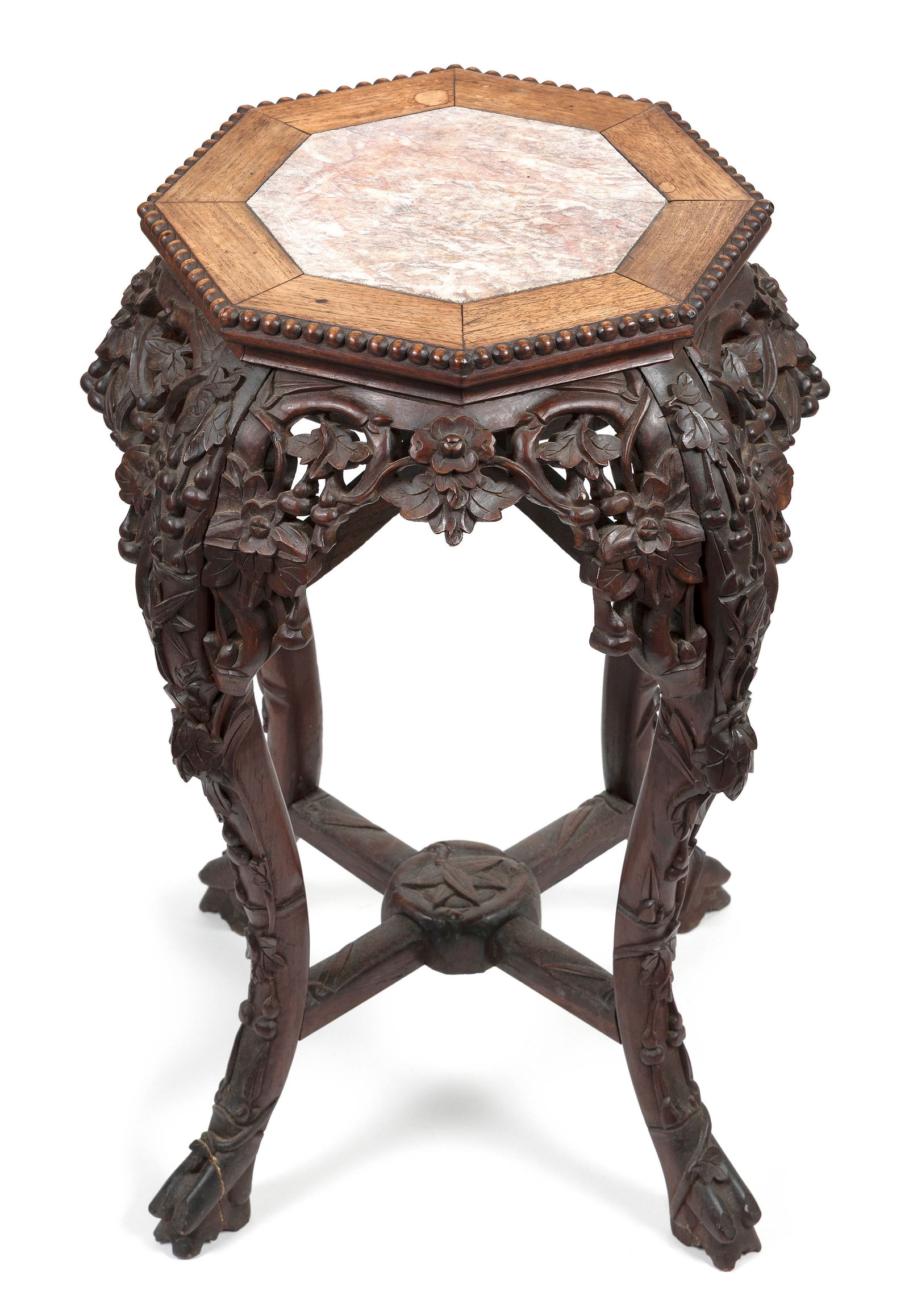 CHINESE CARVED ROSEWOOD TABORET WITH INSET ROUGE MARBLE TOP Late 19th Century Height 24". Length (1 of 5)
