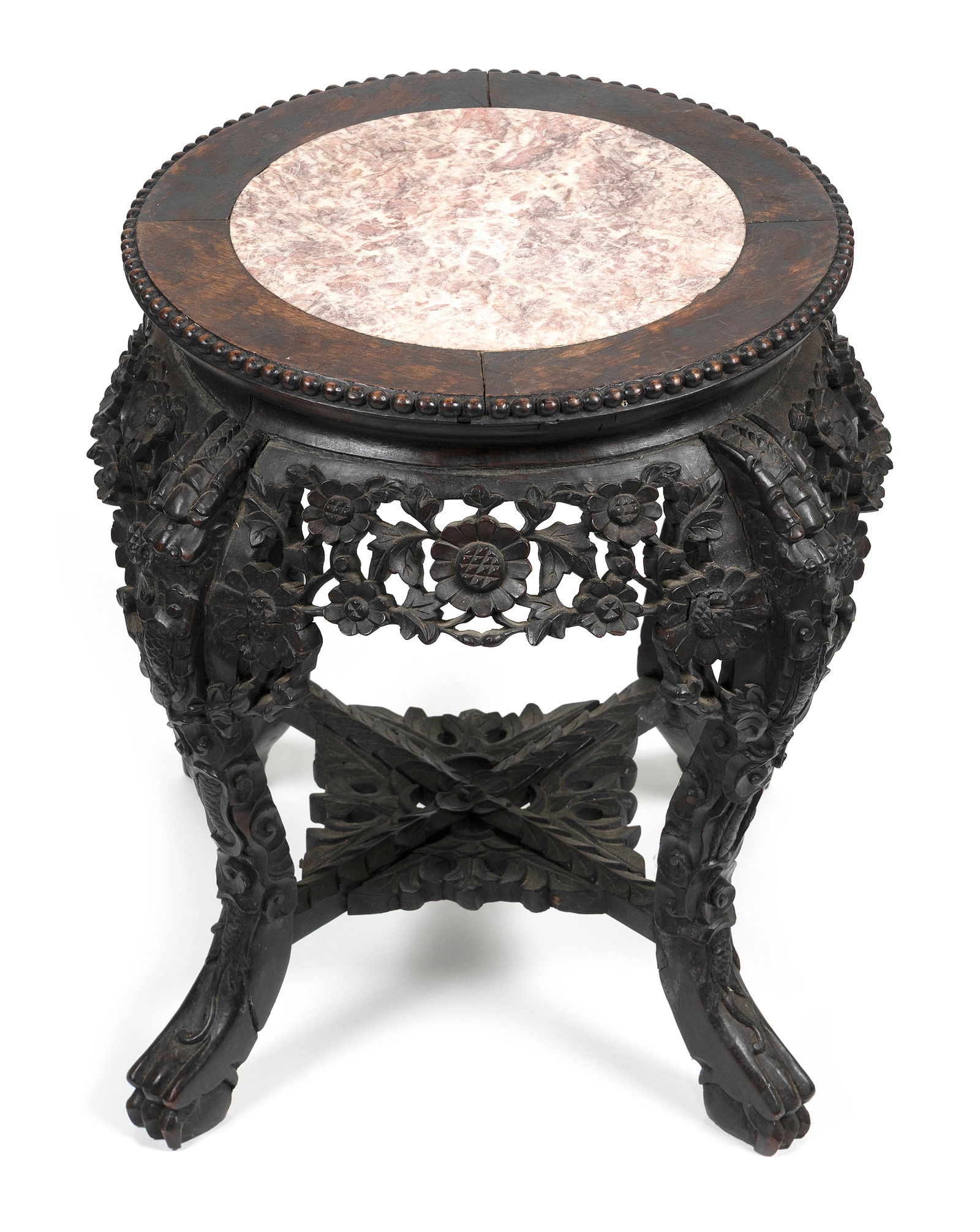CHINESE CARVED WOOD TABORET WITH INSET ROUGE MARBLE TOP Late 19th Century Height 19". Top diameter (1 of 2)