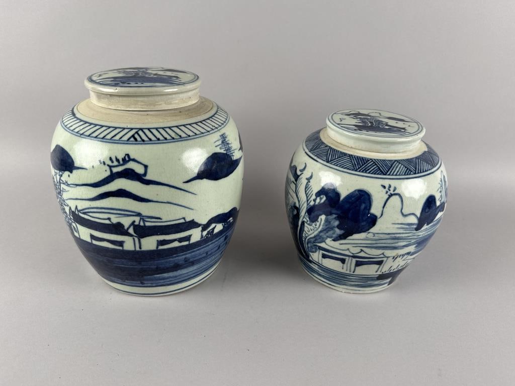 TWO CHINESE BLUE AND WHITE PORCELAIN GINGER JARS 20th Century Heights 8" and 9.5". (1 of 3)