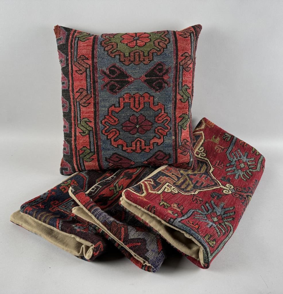 FOUR THROW PILLOWS MADE FROM SOUMAK RUG FRAGMENTS 20th Century Three 1'9" x 1'9" and one 1'4" x (1 of 4)