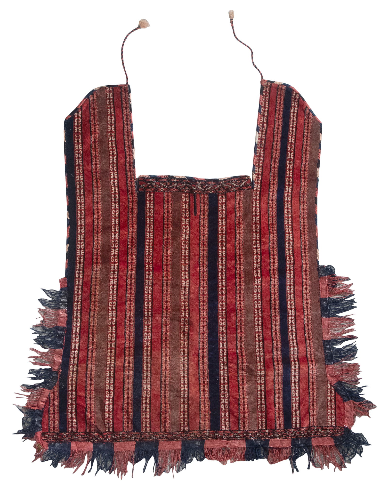 TURKOMAN CAMEL BLANKET: 5'3" X 4'6" X 5'2" Early 20th Century: TURKOMAN CAMEL BLANKET: 5'3" X 4'6" X 5'2"Early 20th CenturyDark red, dark blue and light eggplant stripes alternate with red stripes adorned with small ivory and pink stylized elements.