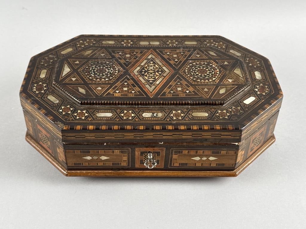 INLAID BOX, LIKELY MIDDLE EASTERN 20th Century Height 3.25". Width 11.5". Depth 7.5". (1 of 4)