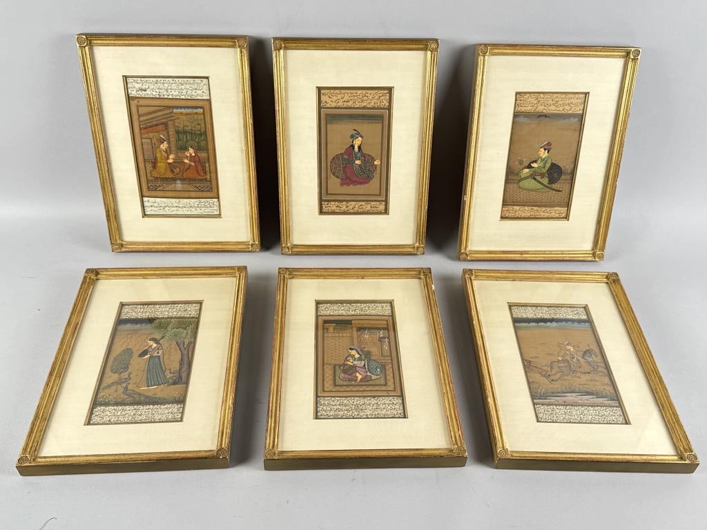 SIX INDIAN MOGHUL BOOK PAGES 19th Century 7.5" x 4" sight. Framed 12.5" x 8.75". (1 of 8)