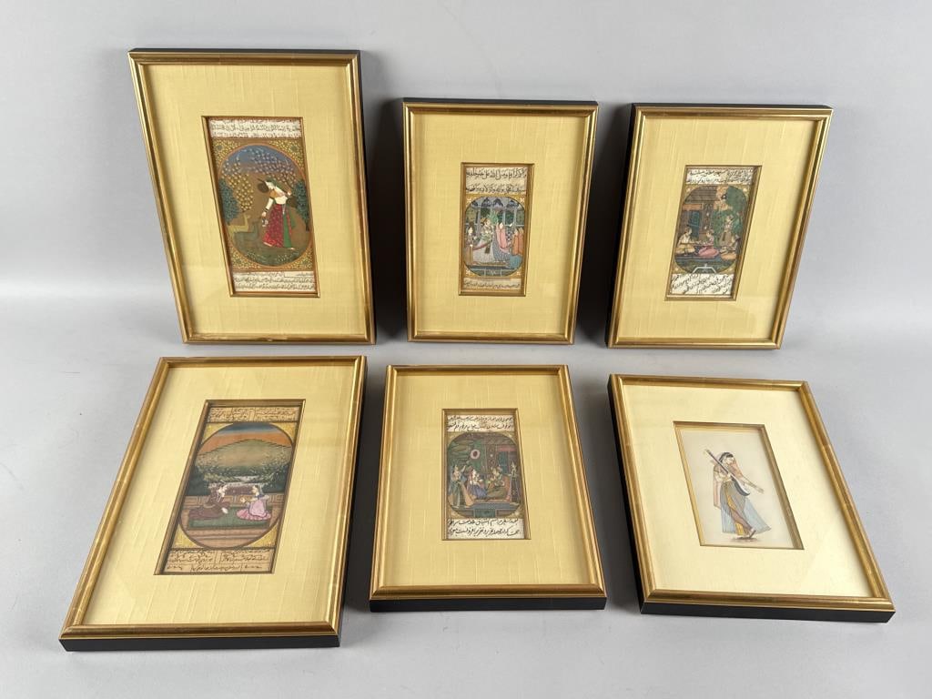SIX INDIAN MOGHUL BOOK PAGES 19th Century Largest 8.5" x 4" sight. Framed to 14" x 9.5". (1 of 8)