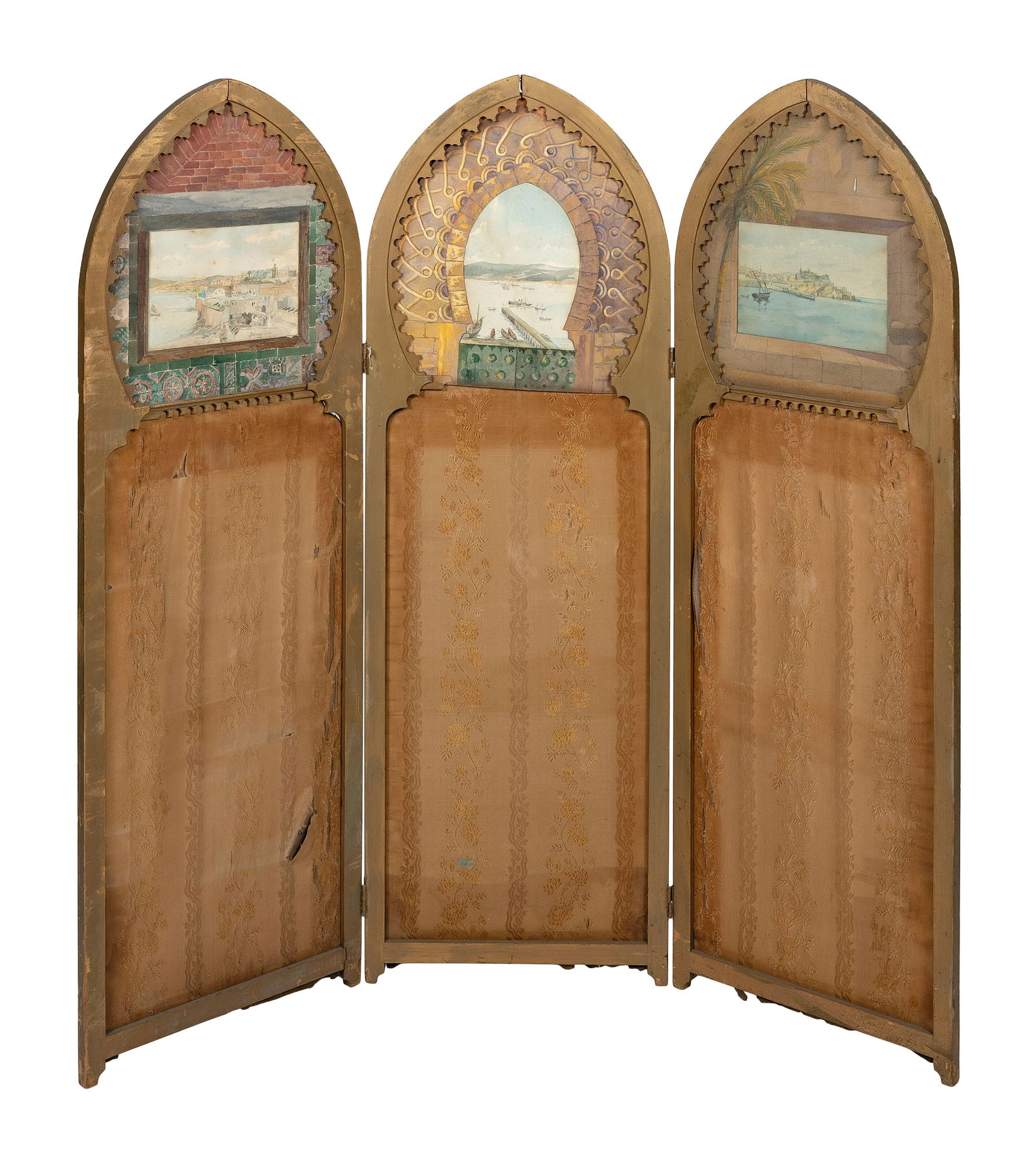 INTERESTING THREE-PANEL SCREEN WITH INSET WATERCOLORS OF TANGIERS Late 19th Century Each panel 54" x (1 of 2)