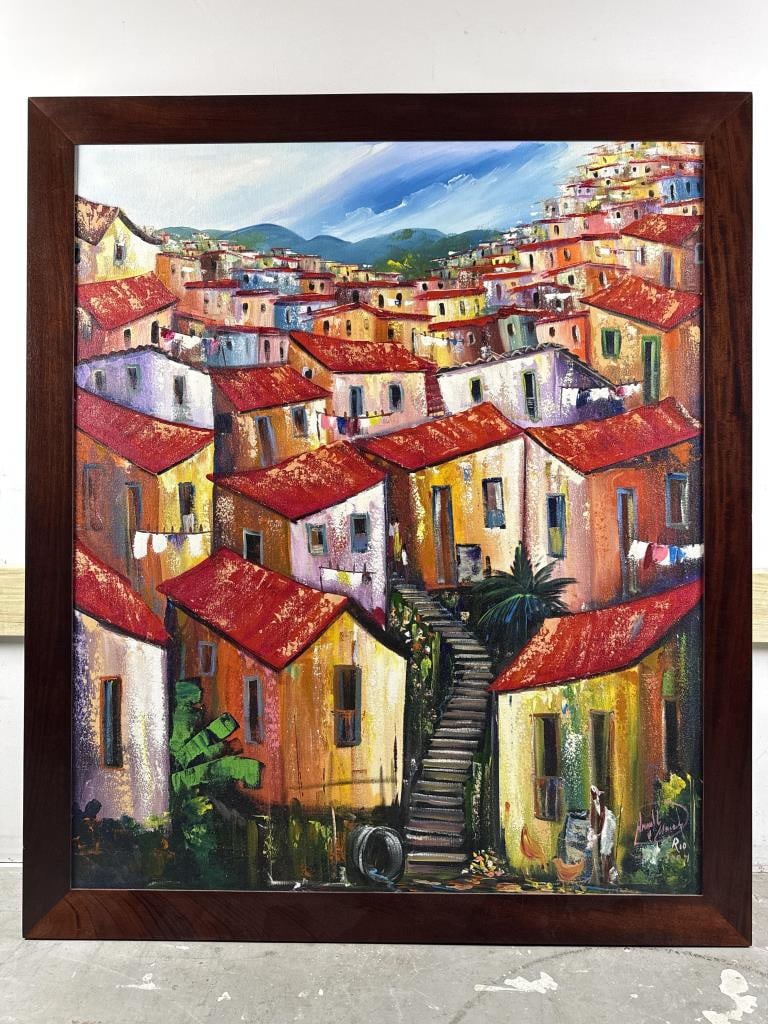 BRAZILIAN SCHOOL (Contemporary,), Houses on a hillside., Oil-enhanced print on canvas, 50" x 42" (1 of 2)