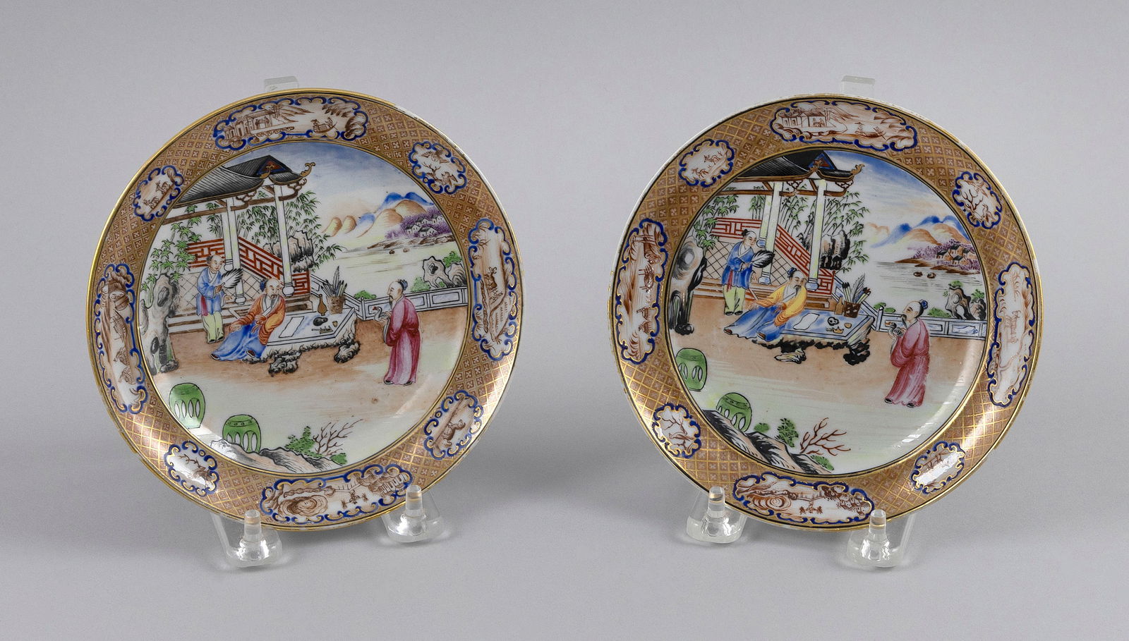 PAIR OF CHINESE EXPORT PORCELAIN BUTTER PLATES DEPICTING THE TALE OF THE CALLIGRAPHER AND THE GOOSE (1 of 2)