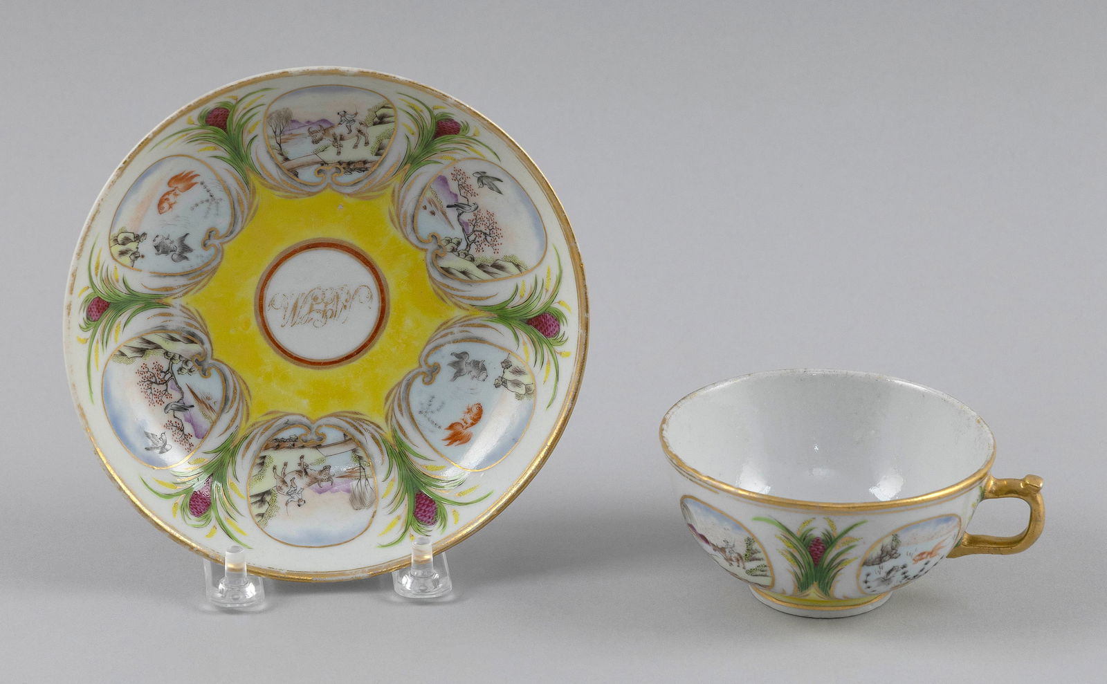 RARE YELLOW ENAMEL CHINESE EXPORT PORCELAIN CUP AND SAUCER Mid-19th Century Saucer diameter 5.5". (1 of 3)