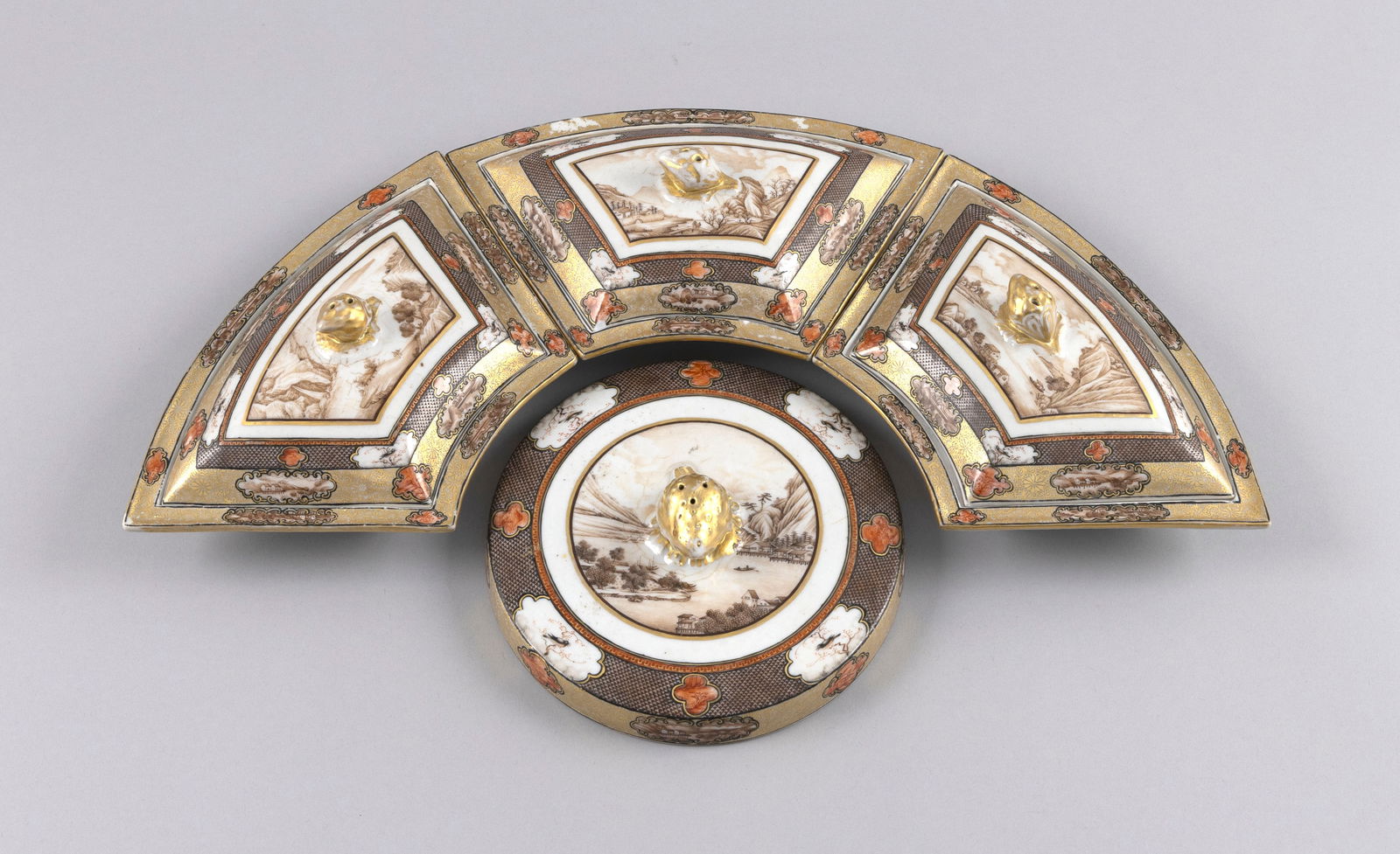 CHINESE EXPORT PORCELAIN BUFFET SET Late 18th/Early 19th Century Dishes 9.5" x 6".: CHINESE EXPORT PORCELAIN BUFFET SETLate 18th/Early 19th CenturyIncludes three crescent-shaped lidded dishes that fit around a round centerpiece. All with gilt chestnut knops. Orange, gilt and sepia de