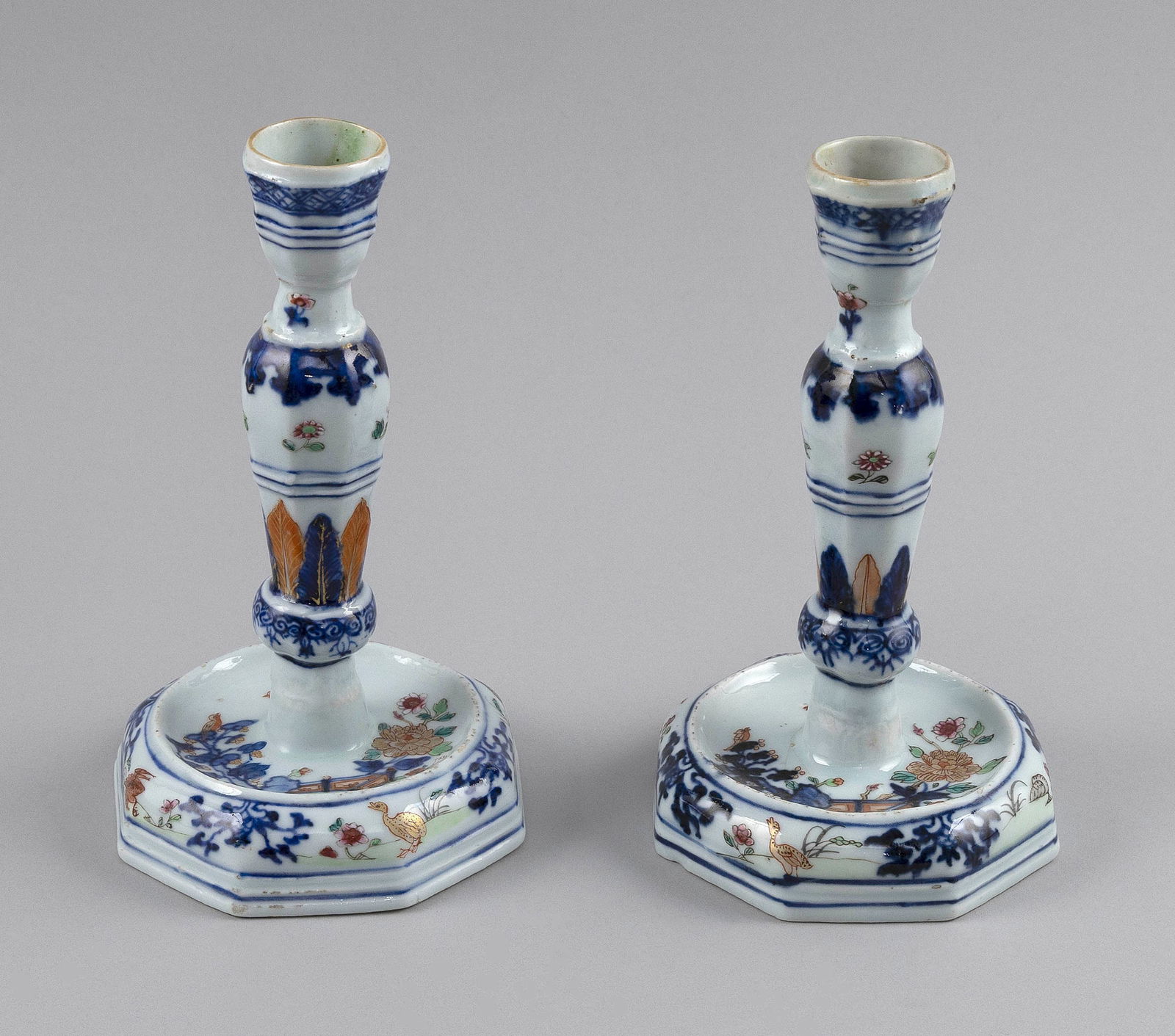 RARE PAIR OF CHINESE EXPORT PORCELAIN CANDLESTICKS Late 18th Century Heights 7.5". (1 of 1)