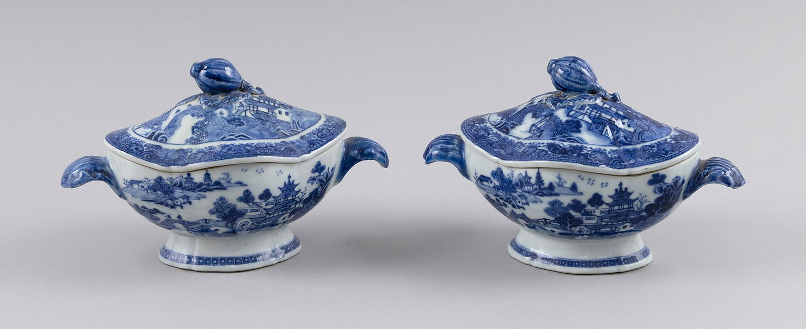 PAIR OF CHINESE EXPORT BLUE AND WHITE PORCELAIN COVERED GRAVY TUREENS First Half of the 19th Century (1 of 1)