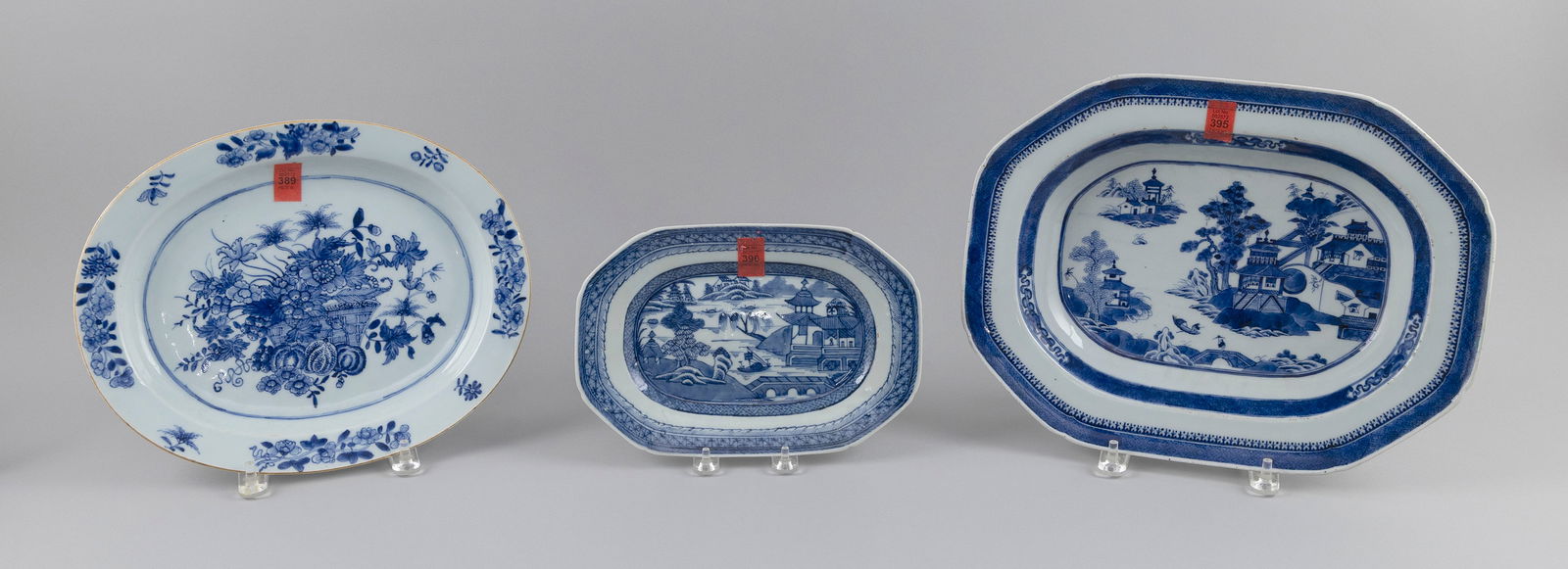 THREE CHINESE EXPORT BLUE AND WHITE PORCELAIN PLATTERS Late 18th/Early 19th Century Lengths from (1 of 1)