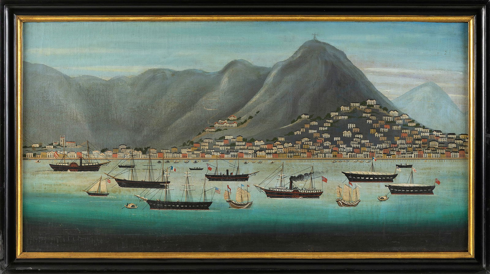 CHINA TRADE-STYLE (Early 20th Century,), Ships in Victoria Harbor, Hong Kong., Oil on canvas,: CHINA TRADE-STYLEEarly 20th CenturyShips in Victoria Harbor, Hong Kong. Unsigned.Oil on canvas, approx. 16.5" x 32". Framed approx. 19" x 35".