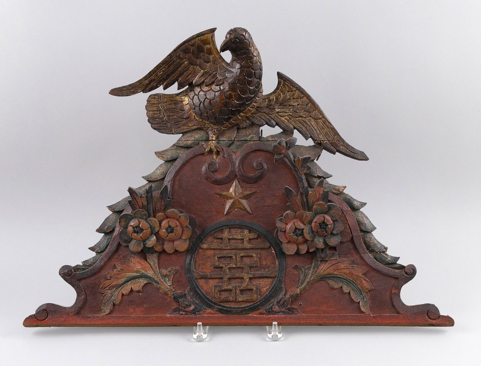 CHINESE EXPORT CARVED WOODEN PEDIMENT 19th Century or Earlier Height 17.5". Width 24". (1 of 2)