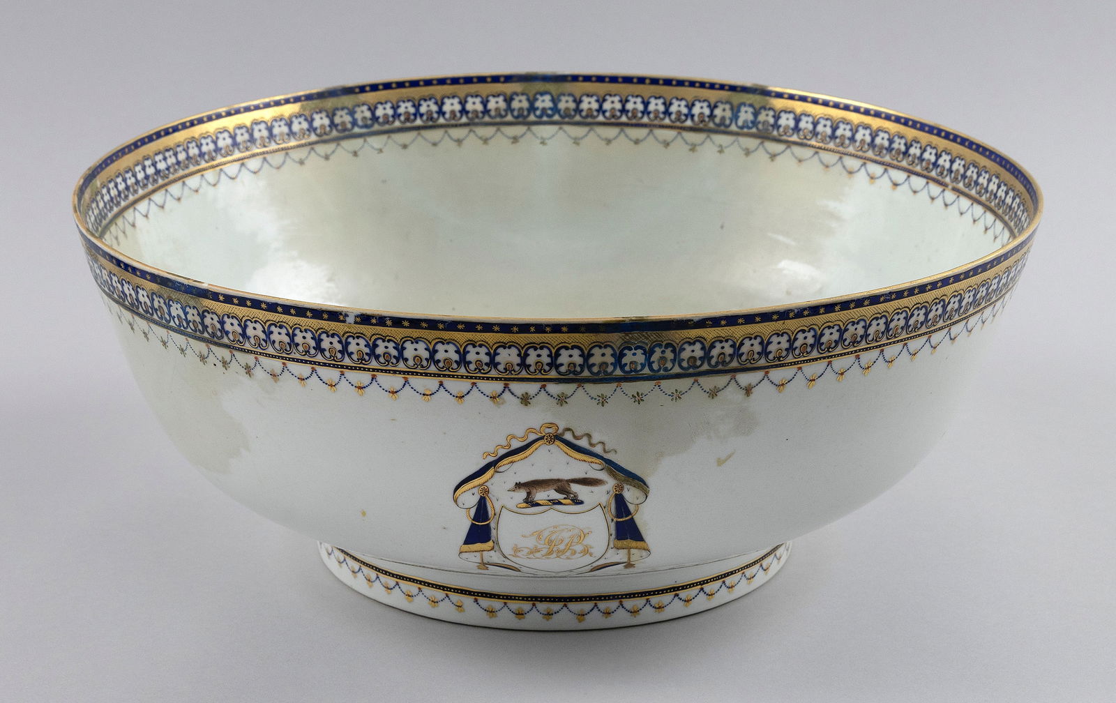 LARGE CHINESE EXPORT ARMORIAL PORCELAIN PUNCH BOWL 18th Century Height 6.75". Diameter 15.75". (1 of 1)