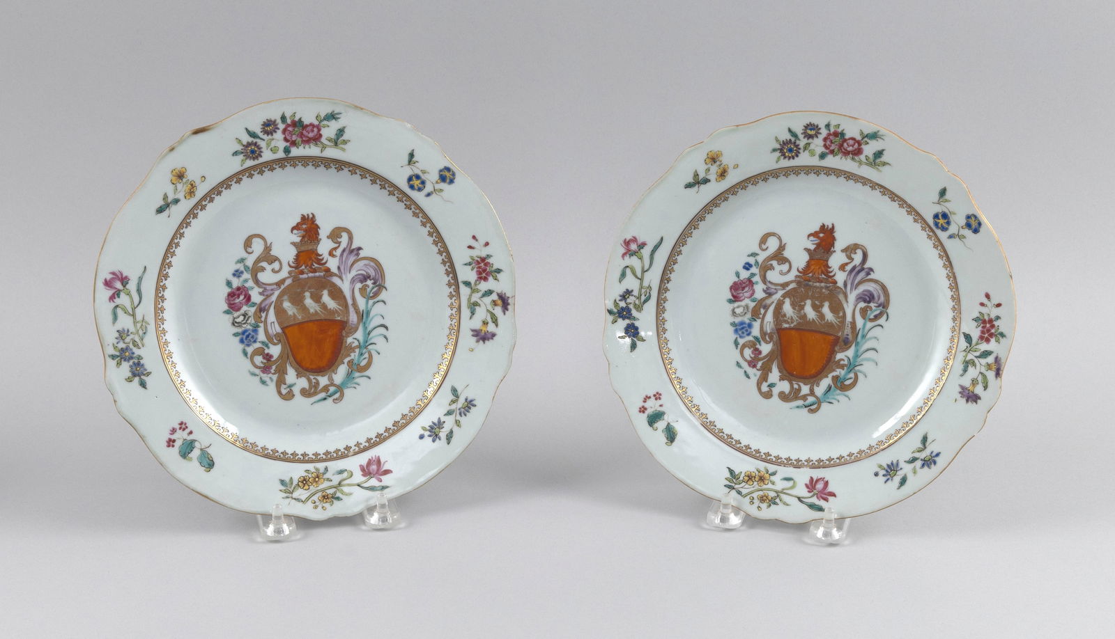 PAIR OF CHINESE EXPORT ARMORIAL PORCELAIN PLATES 18th Century Diameters 9". (1 of 2)