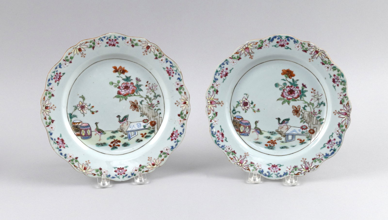 PAIR OF CHINESE EXPORT FAMILLE ROSE PORCELAIN PLATES 18th Century Diameters 8.75". (1 of 2)