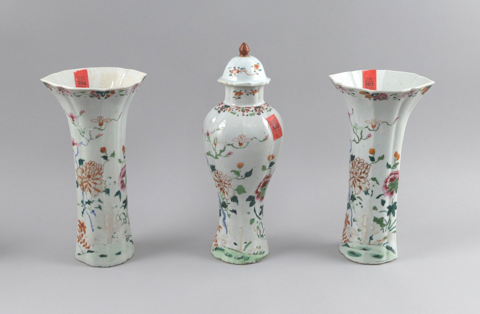 CHINESE EXPORT FAMILLE ROSE PORCELAIN THREE-PIECE MANTEL GARNITURE 18th Century Heights to 11.5". (1 of 3)