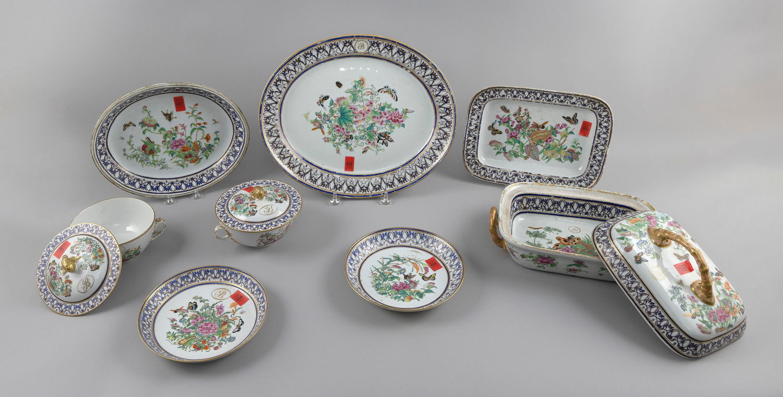 SET OF EIGHT CHINESE EXPORT FAMILLE ROSE PORCELAIN SERVING PIECES First Half of the 19th Century: SET OF EIGHT CHINESE EXPORT FAMILLE ROSE PORCELAIN SERVING PIECESFirst Half of the 19th CenturySeveral pieces monogrammed. Consists of:1 covered serving dish1 rectangular serving dish1 oval platter1 o