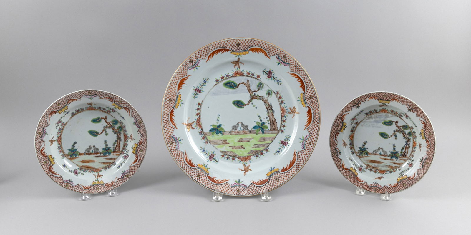 THREE MATCHING PIECES OF CHINESE EXPORT FAMILLE ROSE PORCELAIN 18th Century Diameters 9" and 13.25". (1 of 2)