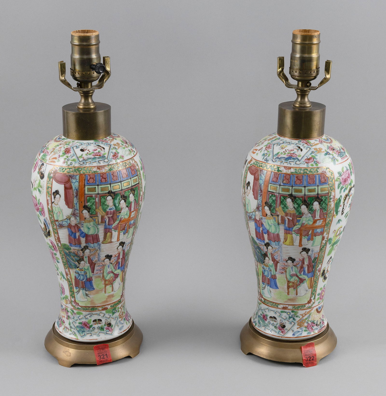 PAIR OF CHINESE EXPORT FAMILLE ROSE PORCELAIN VASES MOUNTED AS TABLE LAMPS 19th Century Heights to (1 of 3)