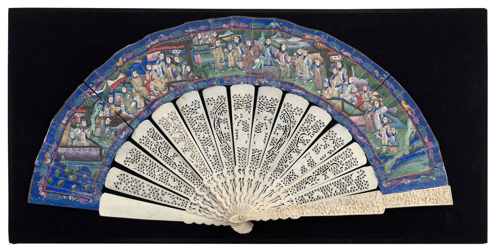 CASED CHINESE EXPORT FAN AND FITTED LACQUER BOX 19th Century Fan open 11.25" x 21". Lacquer box (1 of 5)