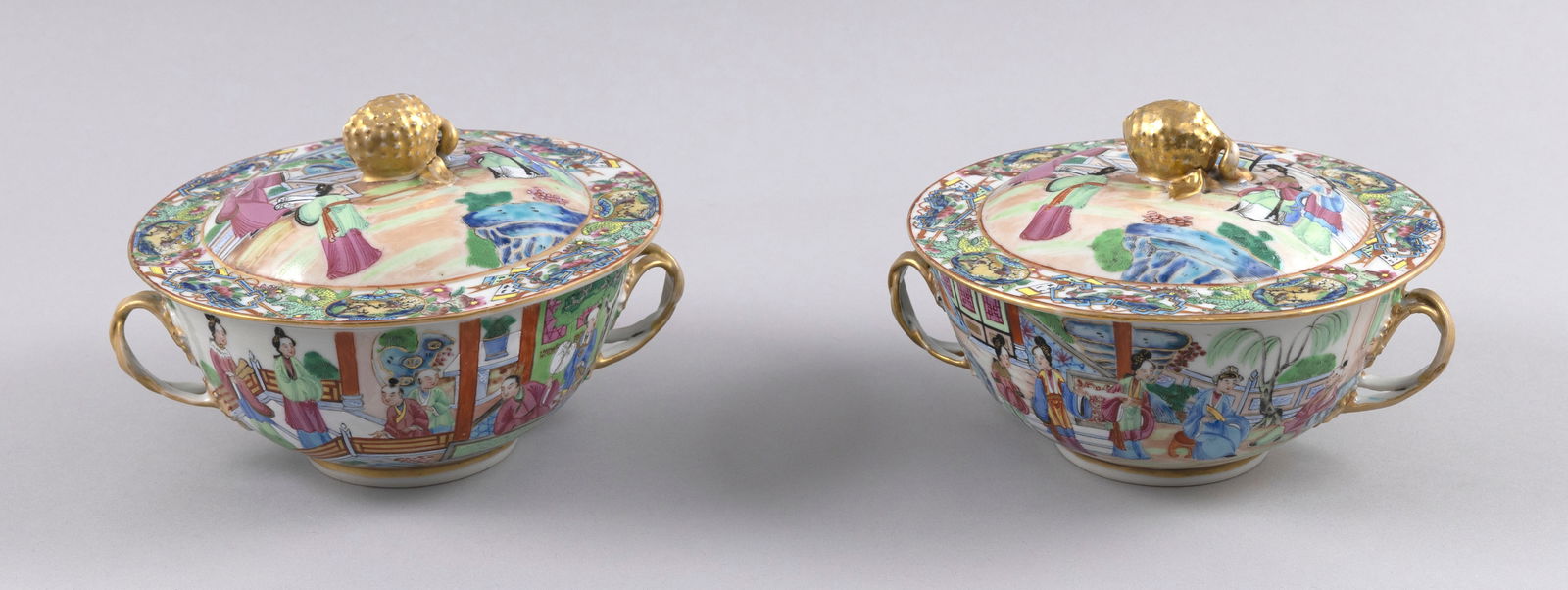 TWO CHINESE EXPORT MANDARIN PORCELAIN COVERED CHOWDER BOWLS First Half of the 19th Century Heights (1 of 3)
