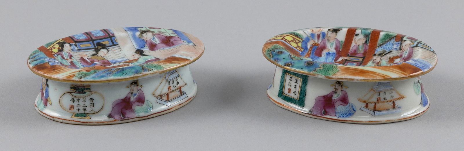 TWO CHINESE EXPORT PORCELAIN MASTER SALTS First Half of the 19th Century Heights 1.25". Lengths: TWO CHINESE EXPORT PORCELAIN MASTER SALTSFirst Half of the 19th CenturyFigural decoration.Heights 1.25". Lengths 4.25".