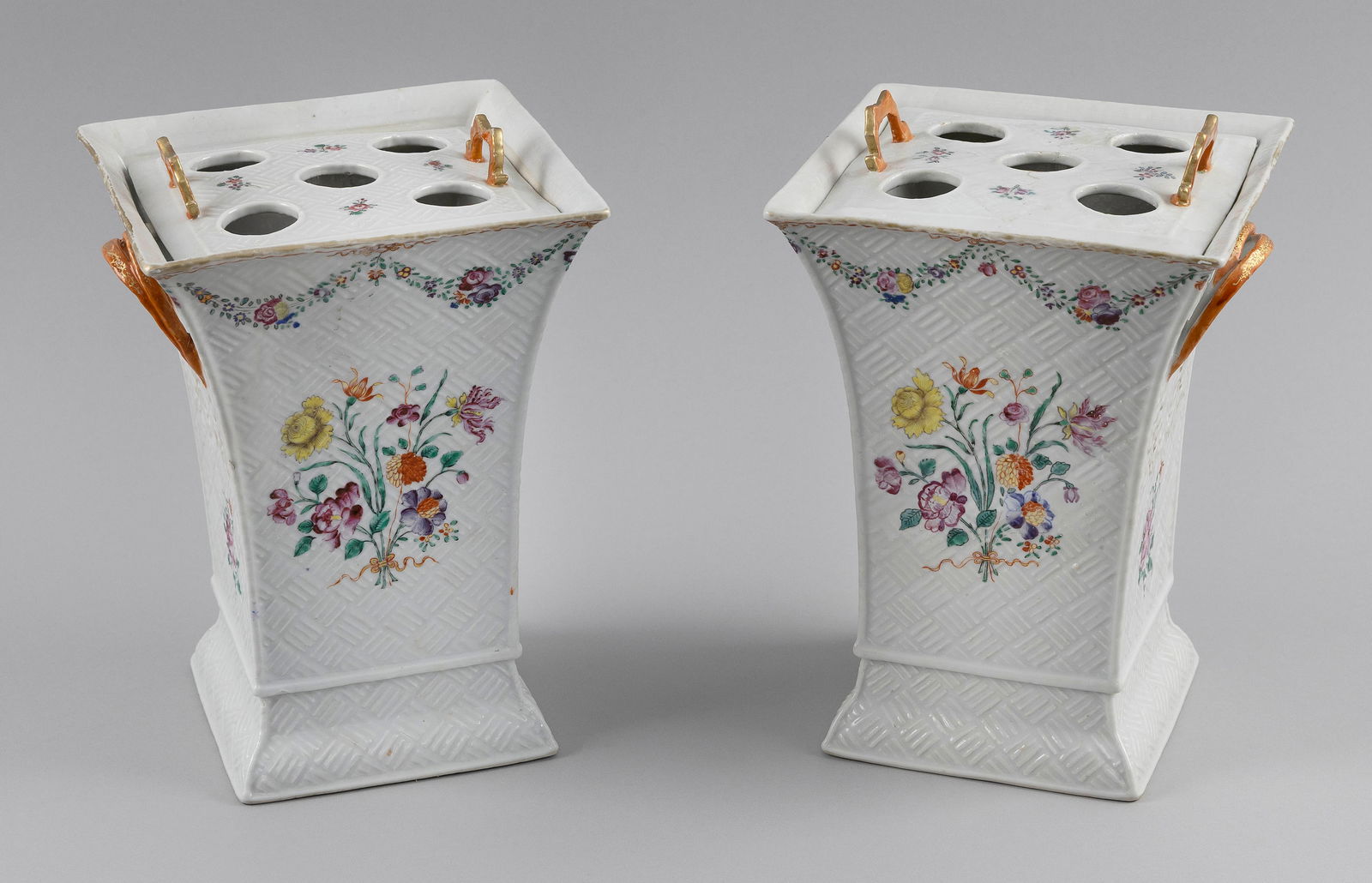 PAIR OF CHINESE EXPORT PORCELAIN BOUGH POTS 18th Century Heights 10.25". (1 of 1)