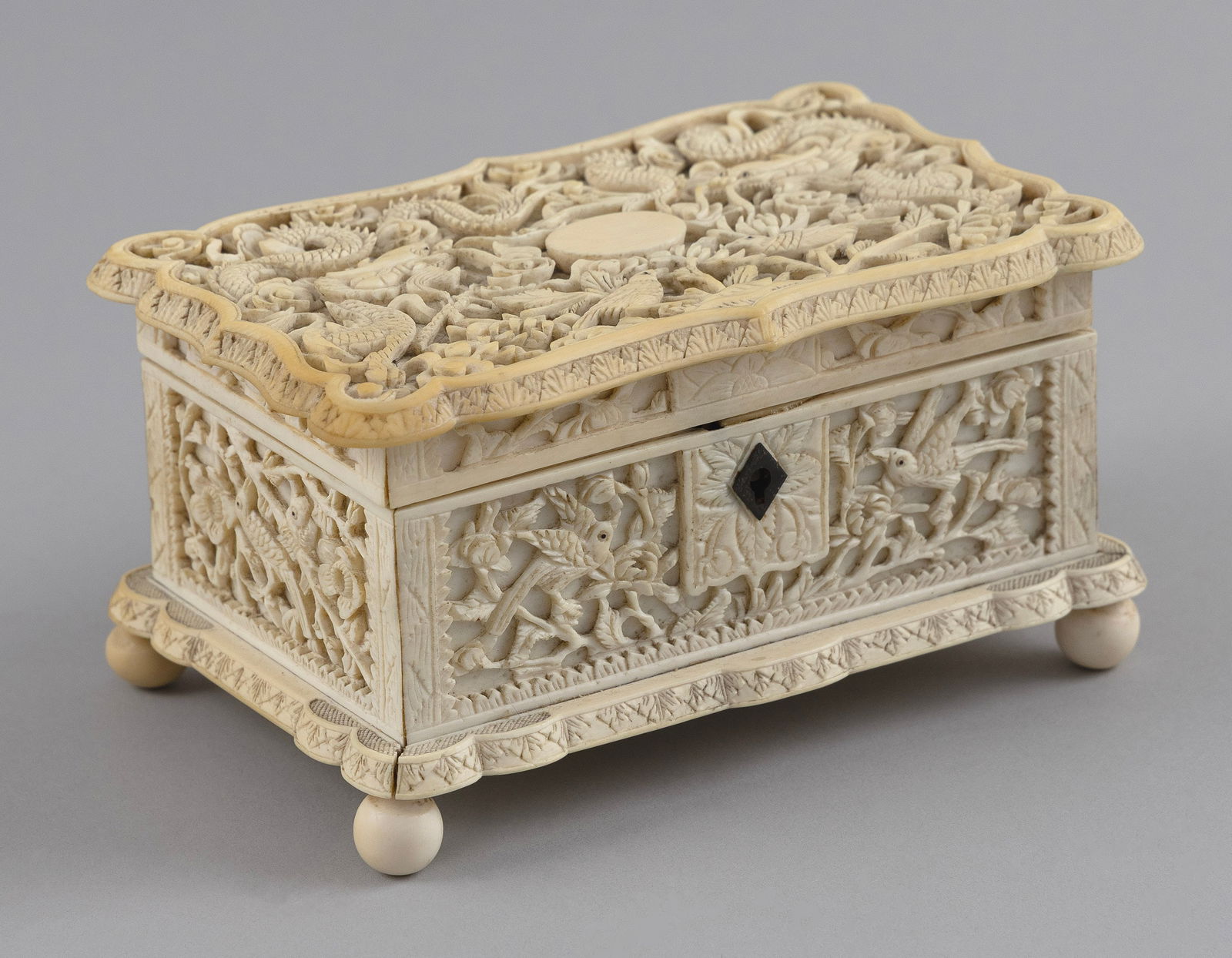 CHINESE EXPORT RELIEF-CARVED IVORY VALUABLES BOX 19th Century Height 3". Width 5.75". Depth 3.75". (1 of 1)