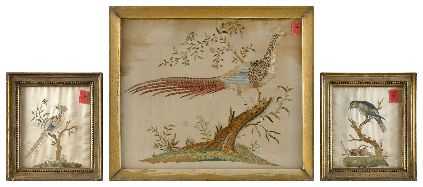 THREE CHINESE SILK NEEDLEWORKS Early 19th Century Framed 10.25" x 9" and 16" x 19".: THREE CHINESE SILK NEEDLEWORKSEarly 19th CenturyAll depict birds.Framed 10.25" x 9" and 16" x 19".