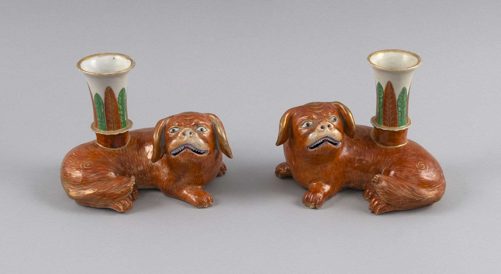 PAIR OF CHINESE PORCELAIN RECLINING FOO DOG JOSS STICK HOLDERS Early 19th Century Heights 4.75". (1 of 4)