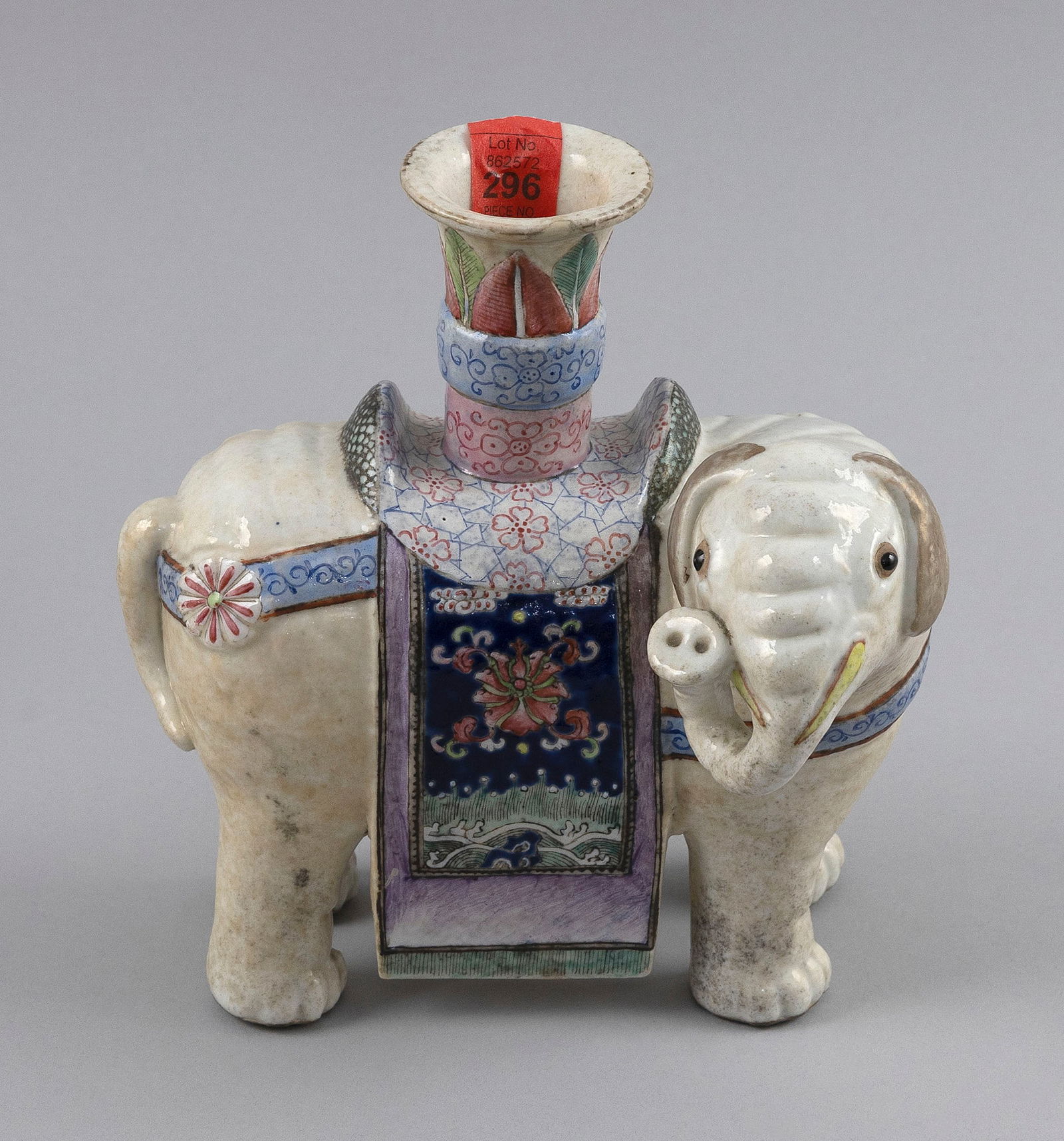 CHINESE POLYCHROME PORCELAIN ELEPHANT JOSS STICK HOLDER Late 18th/Early 19th Century Height 7".: CHINESE POLYCHROME PORCELAIN ELEPHANT JOSS STICK HOLDERLate 18th/Early 19th CenturyHeight 7". Length 6.75".