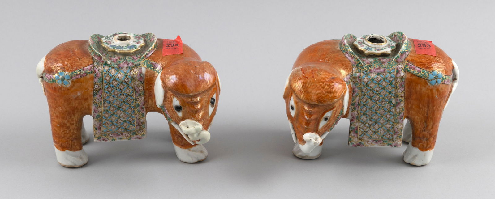 PAIR OF CHINESE FAMILLE ROSE PORCELAIN CAPARISONED ELEPHANT JOSS STICK HOLDERS First Half of the (1 of 4)