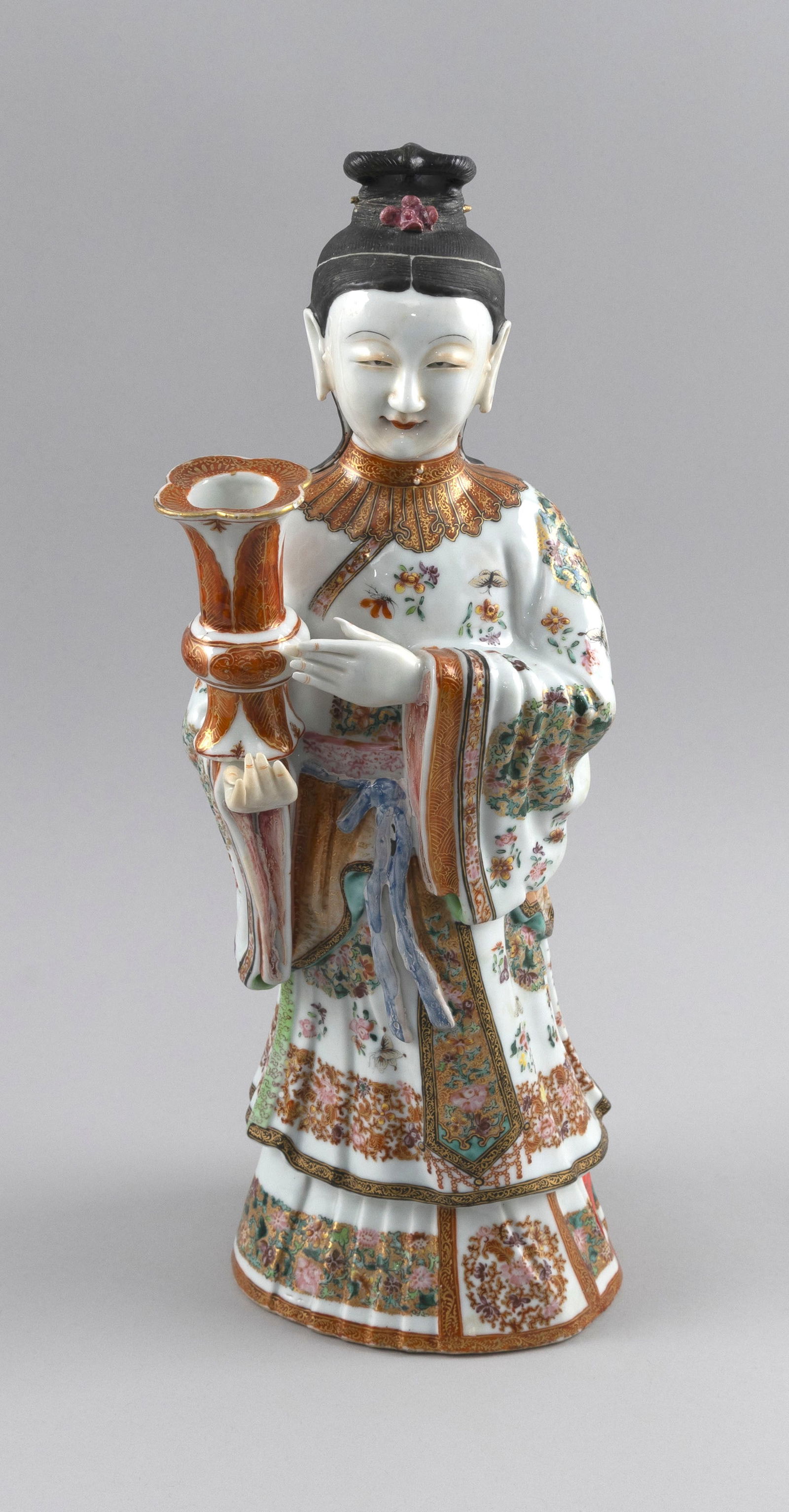 CHINESE POLYCHROME PORCELAIN FIGURE OF A WOMAN 18th Century Height 15.75". (1 of 5)